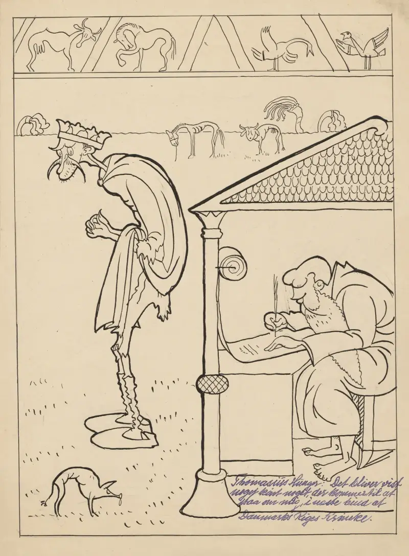 Neergaard as Oluf Hunger and Borgbjerg as Saxo, writing down the chronicle av Alfred Schmidt