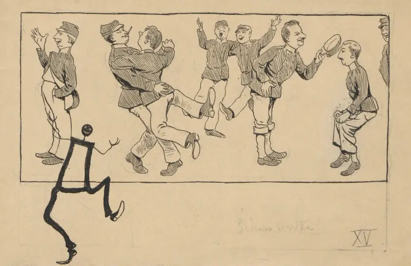 Soldater firar och dansar med varandra. De firar slutet på sin militärtjänst. av Alfred Schmidt