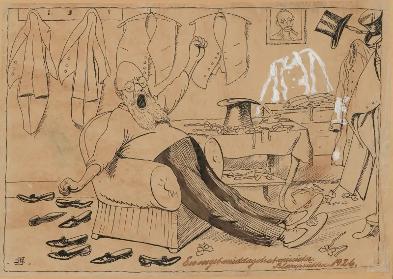 Stauning, sitting and stretching in his armchair Stauning sits yawning and stretching. av Alfred Schmidt