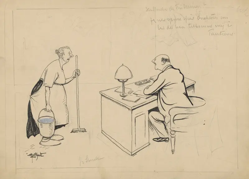 The cleaning lady visits the director in his office to ask for a share of the profits av Alfred Schmidt