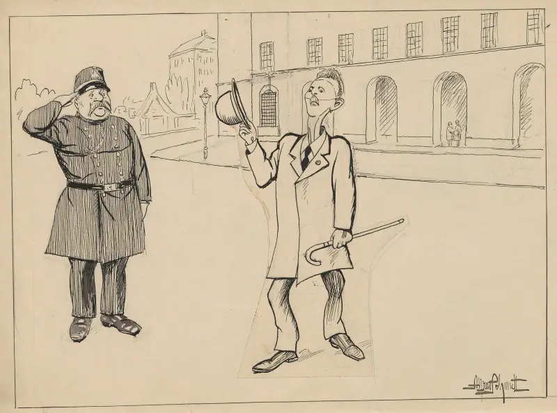 The ‘gentleman thief’ Storm-Nielsen manages to leave his cell at the police station by dressing up as the police chief av Alfred Schmidt