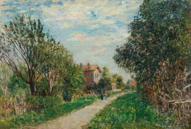 Frau und Kind auf dem Wiesenweg, Sèvres von Alfred Sisley