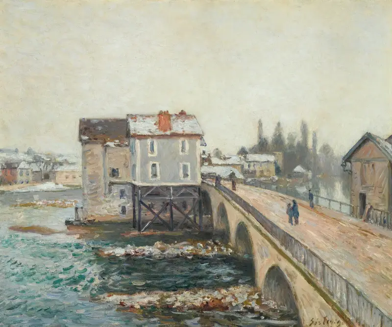 Le Pont De Moret Et Les Moulins – Effet D’hiver av Alfred Sisley