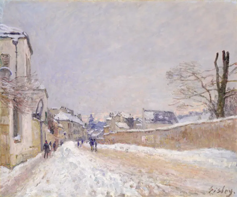 Rue Eugène Moussoir at Moret; Winter av Alfred Sisley