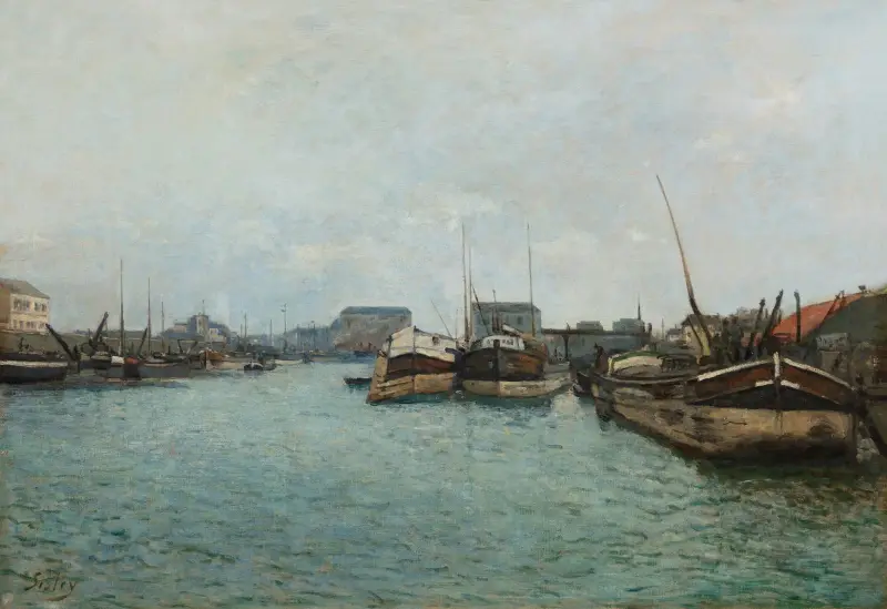 Vue d’un port, les péniches av Alfred Sisley