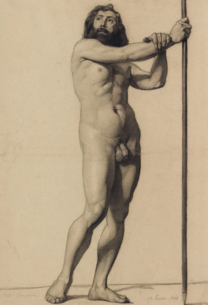 Akademisk figurstudie; manlig nakenmodell med stav av Alfred Stevens