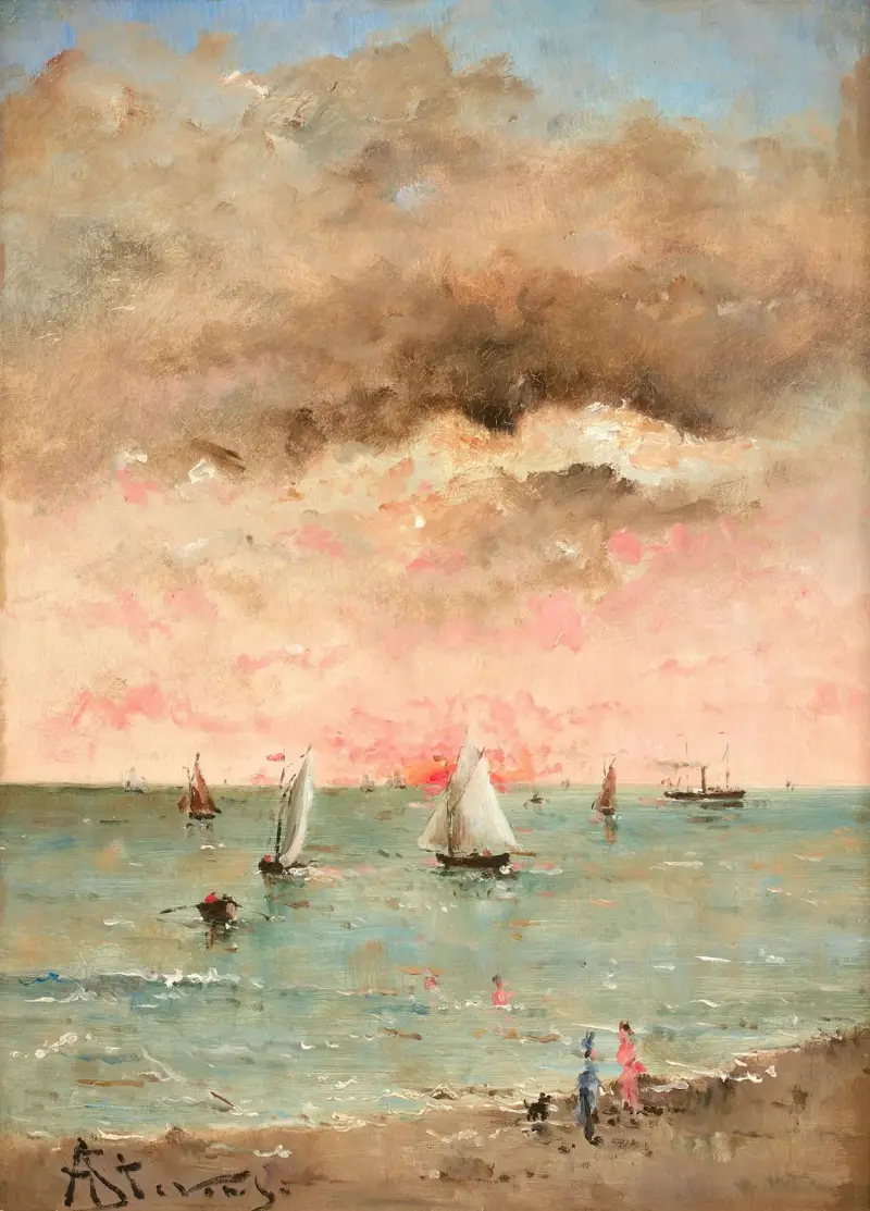 Figurer på stranden i solnedgång av Alfred Stevens