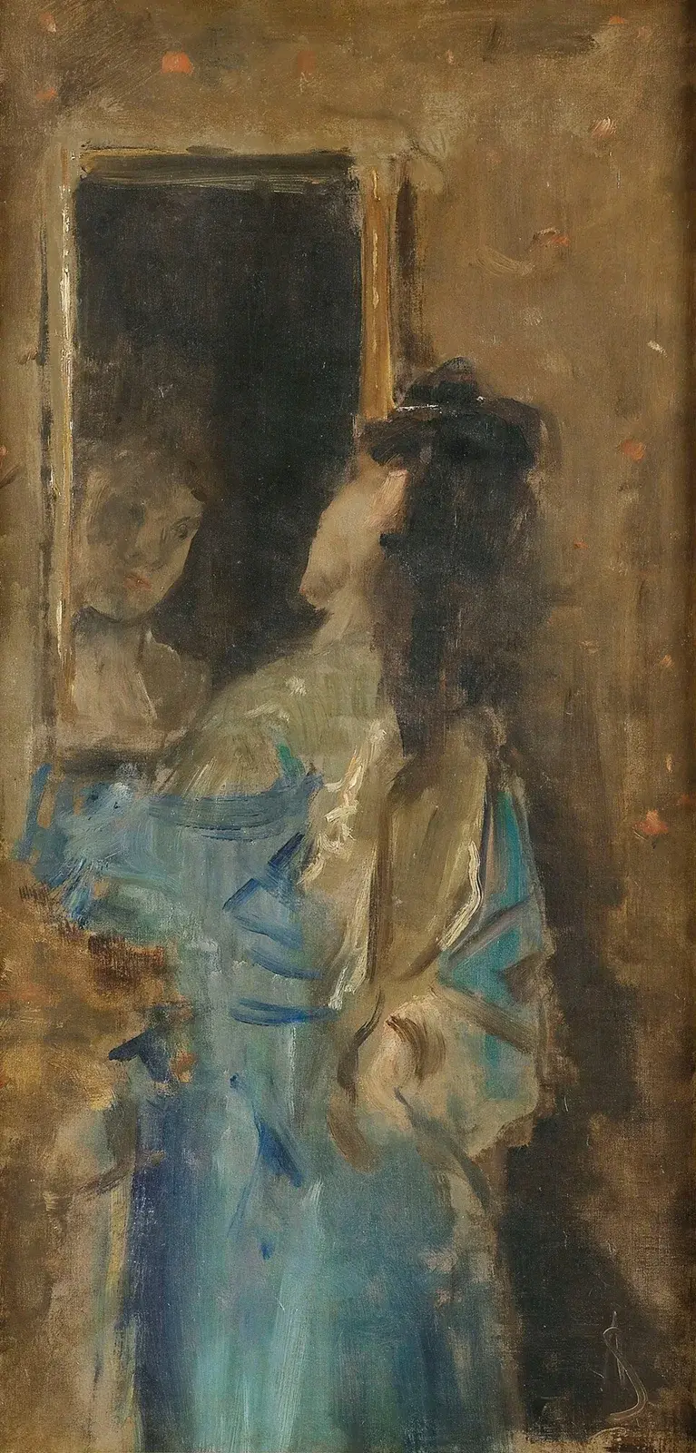 Flicka i blått som ser sig i spegeln av Alfred Stevens