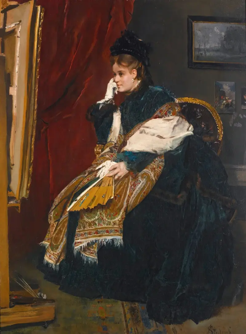 Kvinna i grönt i ateljén av Alfred Stevens