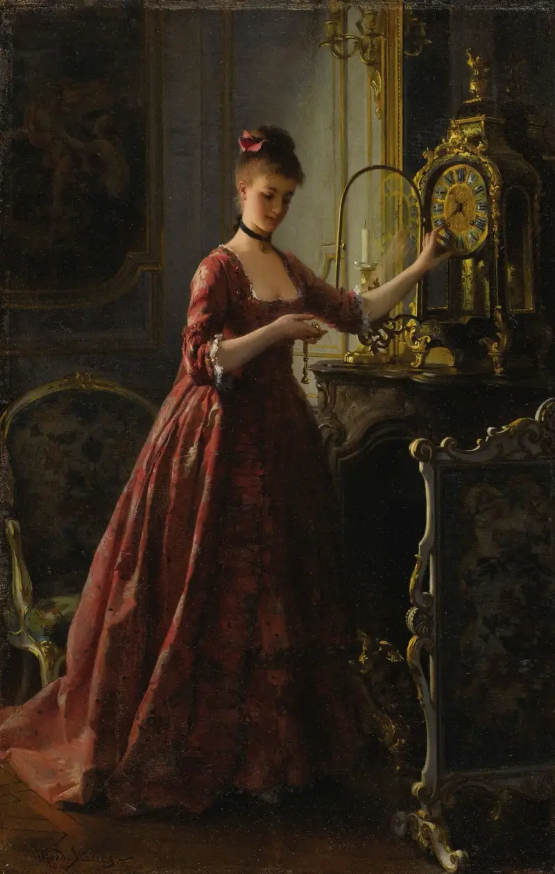 Winding The Mantle Clock av Alfred Stevens