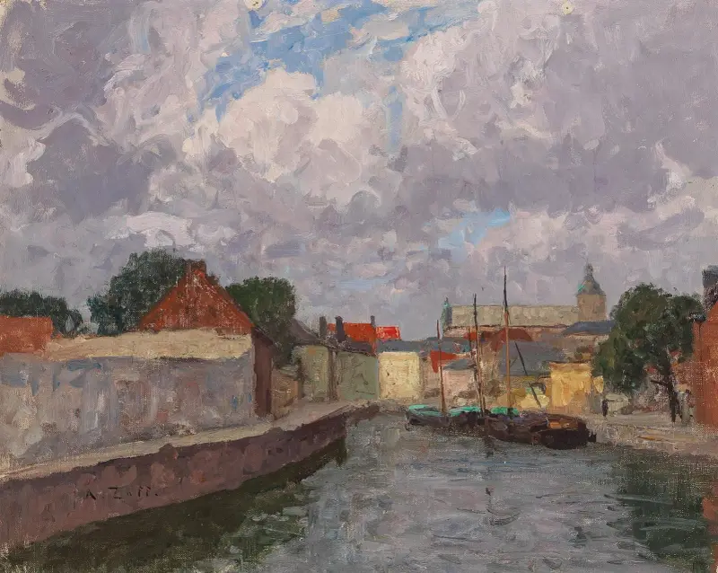 En kanal med båtar utanför en stad av Alfred Zoff