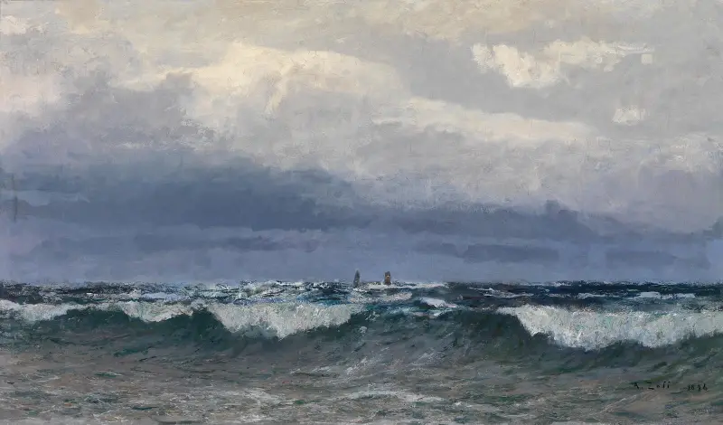 Meeresbrandung mit Segelschiffen av Alfred Zoff
