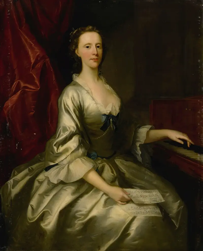 Portrait Of A Lady, Three-Quarter Length, Seated At A Harpsichord, Holding A Sheet Of Music av Allan Ramsay