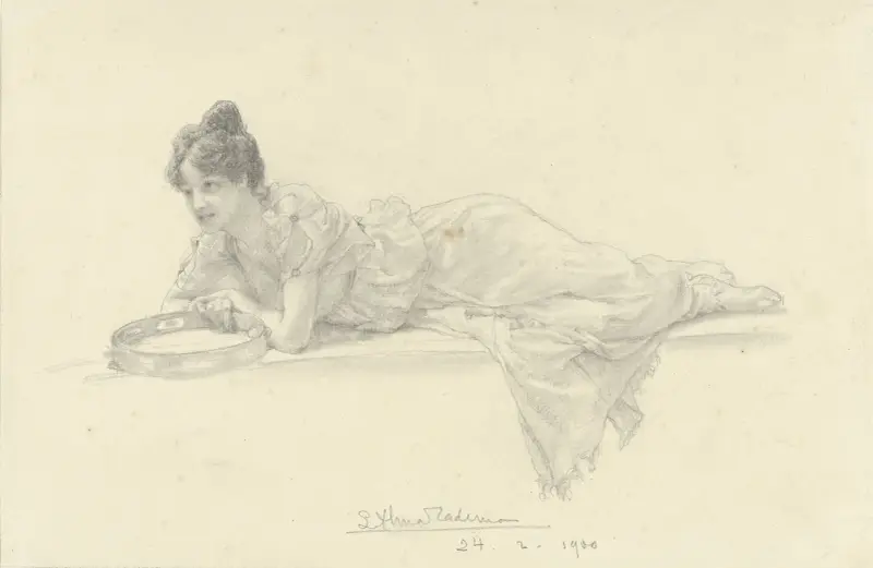 Liggende vrouw met tamboerijn av Lawrence Alma-Tadema