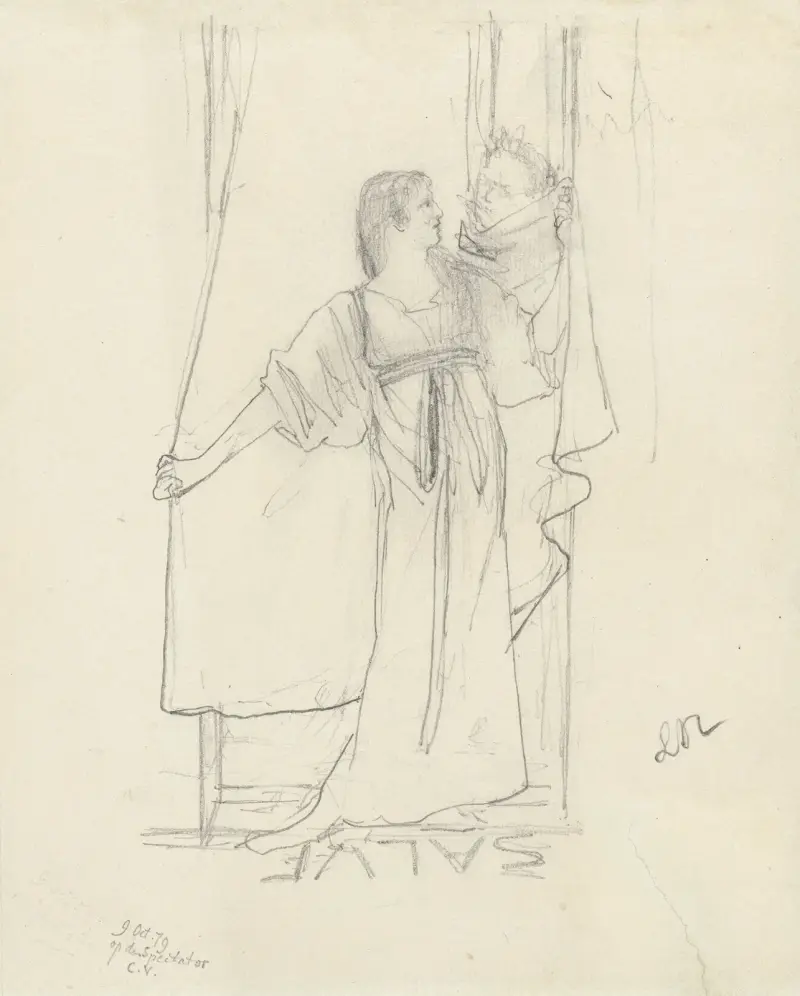 Staande vrouw sprekend met man achter gordijn av Lawrence Alma-Tadema