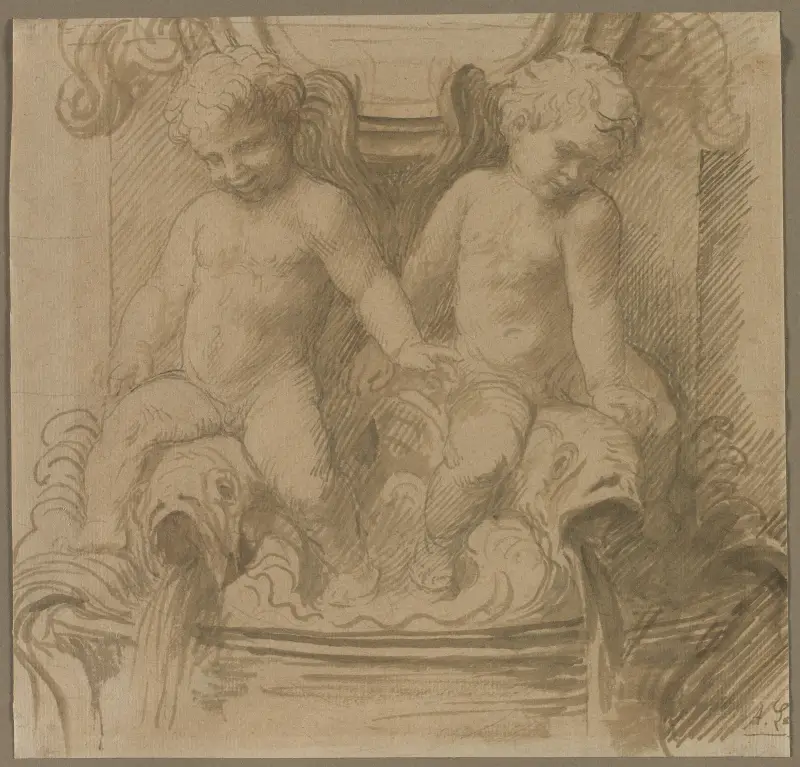 Fontän med putti ridande på delfiner av Alphonse Legros