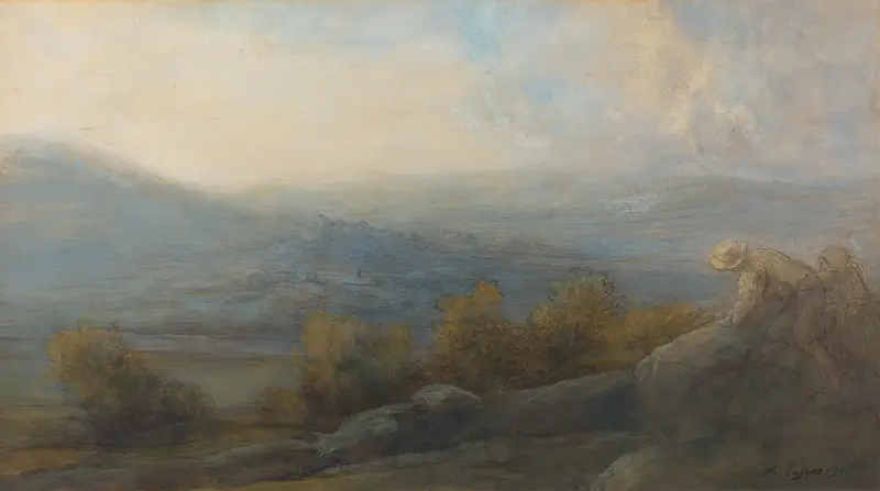 Bergslandskap med två figurer till höger av Alphonse Legros