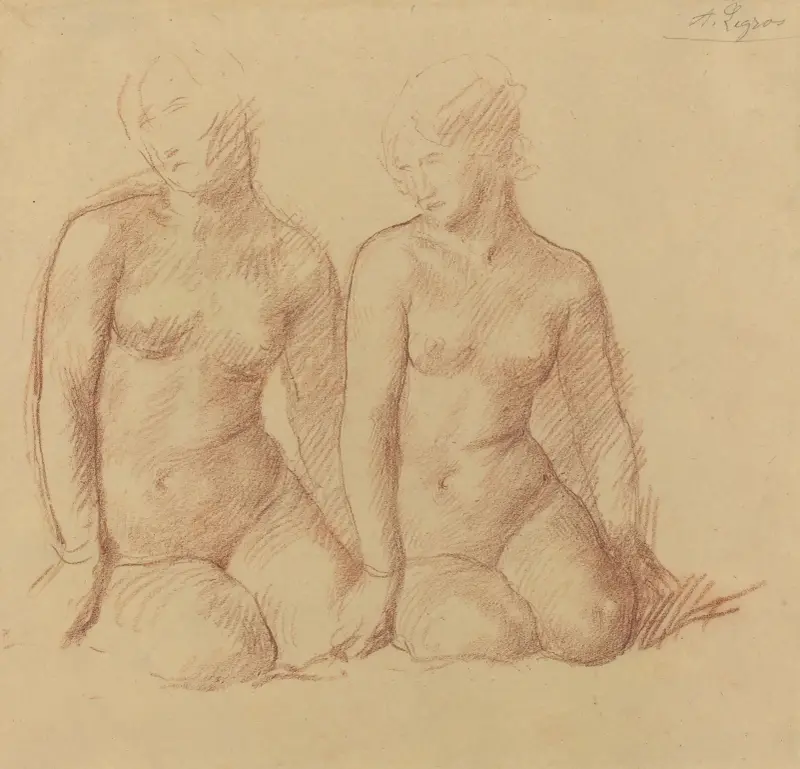 Studie av två figurer som sitter sida vid sida av Alphonse Legros