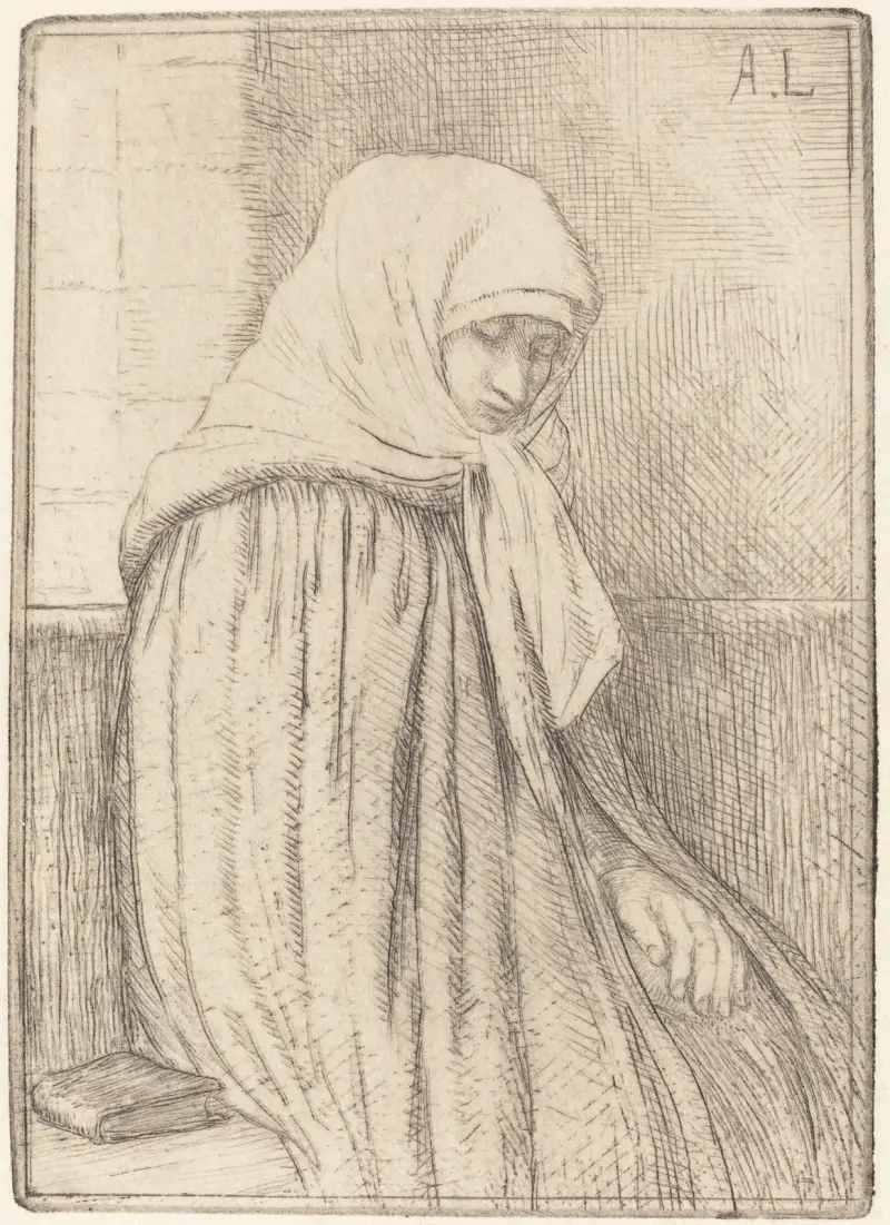 Ung bondflicka sittande i en kyrka av Alphonse Legros