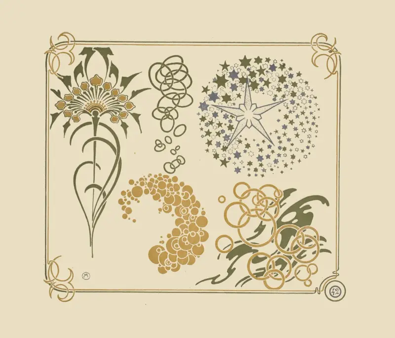 Abstract design based on stars, circles, leaves. av Alphonse Mucha