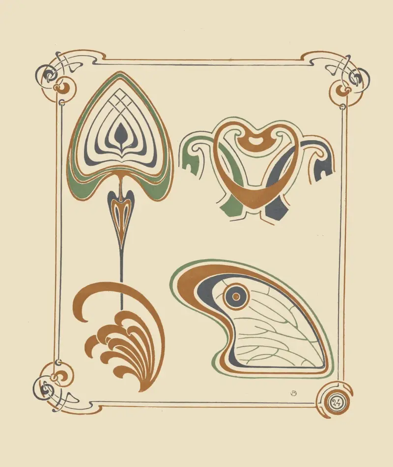 Abstraktes Design auf Basis von Flügeln und Blattformen von Alphonse Mucha