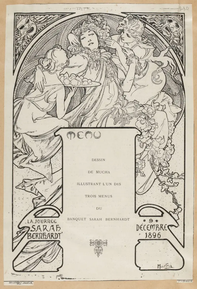Dessin de Mucha Illustrant l’un des trois menu du banquet Sarah Bernhardt av Alphonse Mucha
