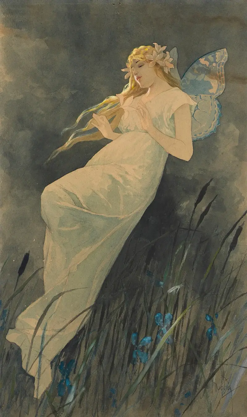 Víla s kosatci, Alphonse Mucha