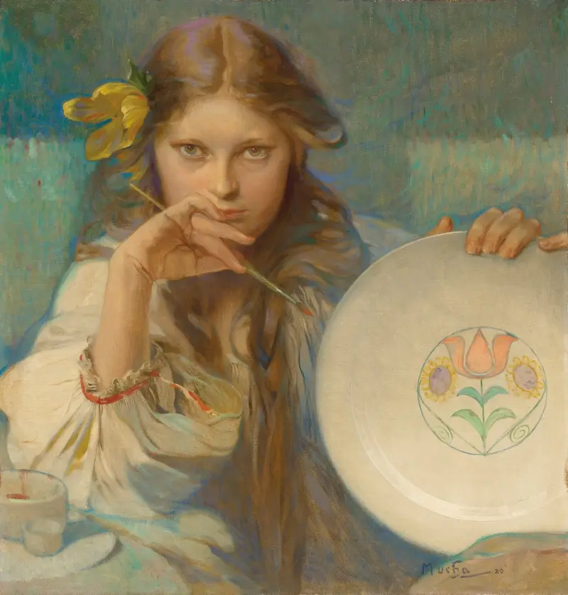 Flicka med tallrik med folkligt motiv av Alphonse Mucha