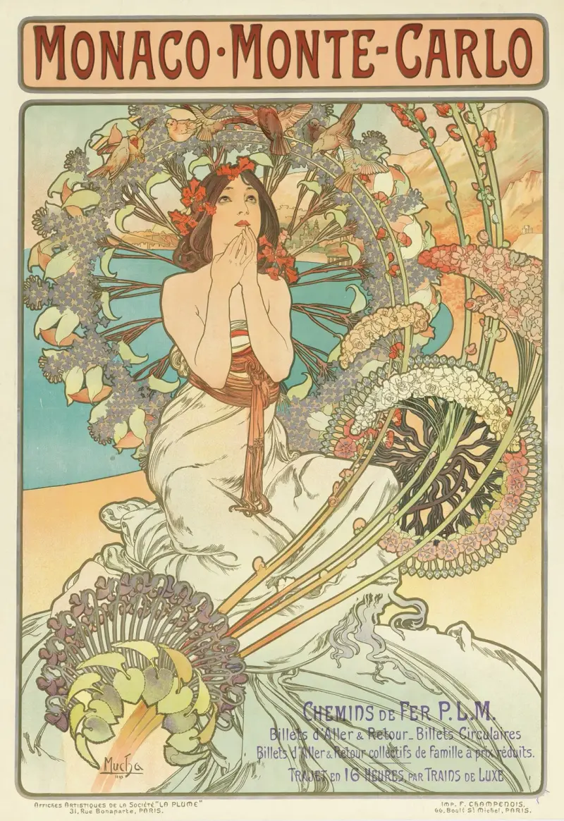 Monaco, Monte-Carlo. Chemins de Fer P.L.M. av Alphonse Mucha