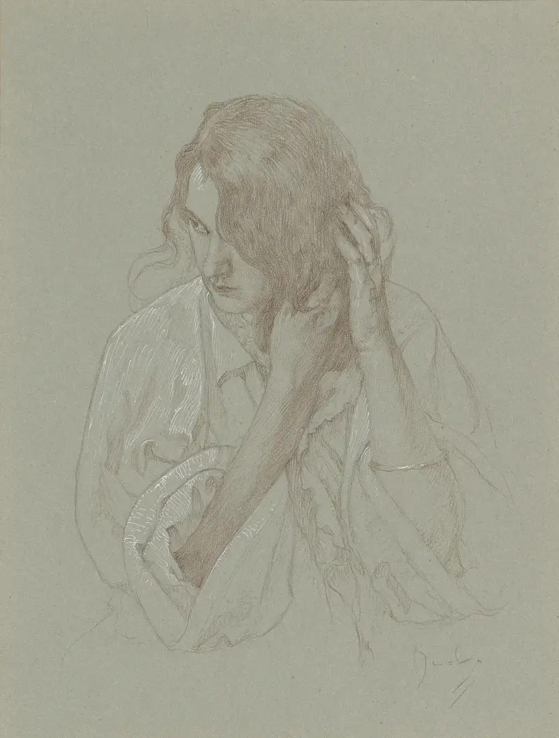 Portrait of a girl with hands in hair av Alphonse Mucha