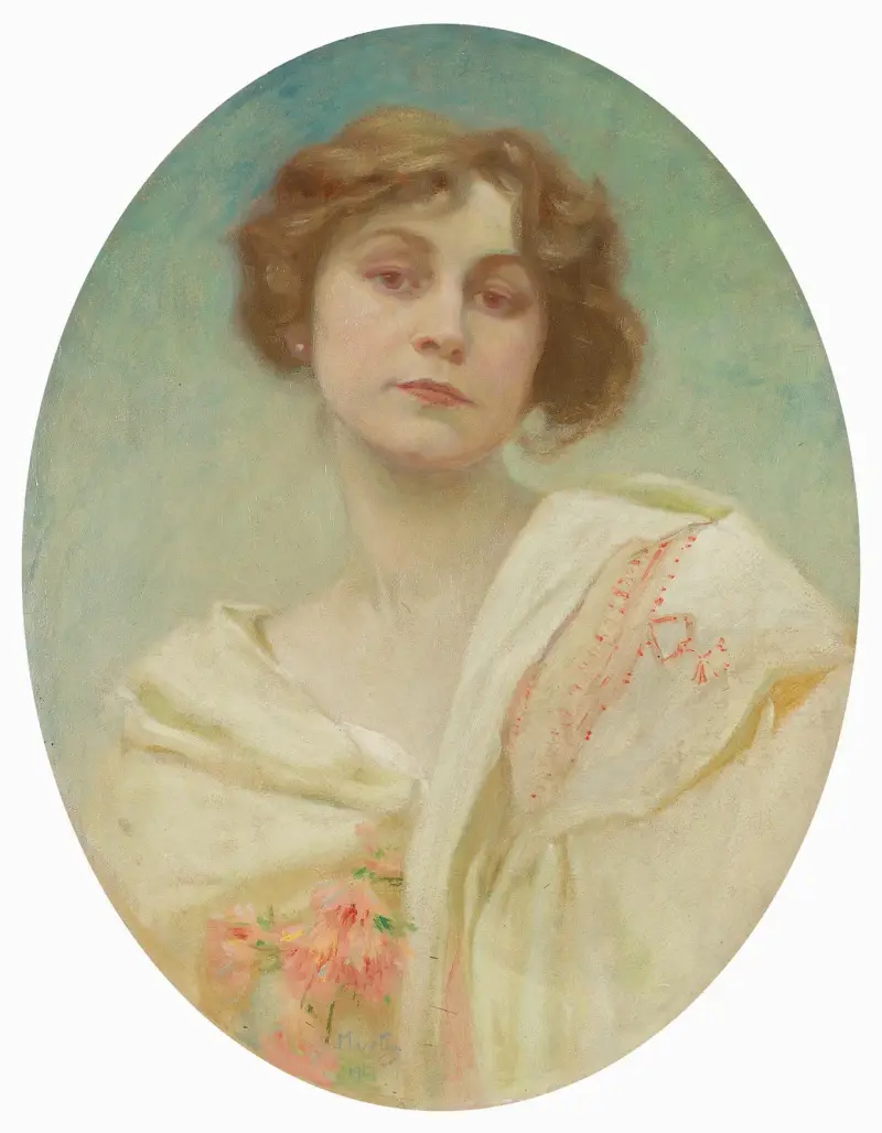 Porträtt av ung kvinna i folkdräkt av Alphonse Mucha