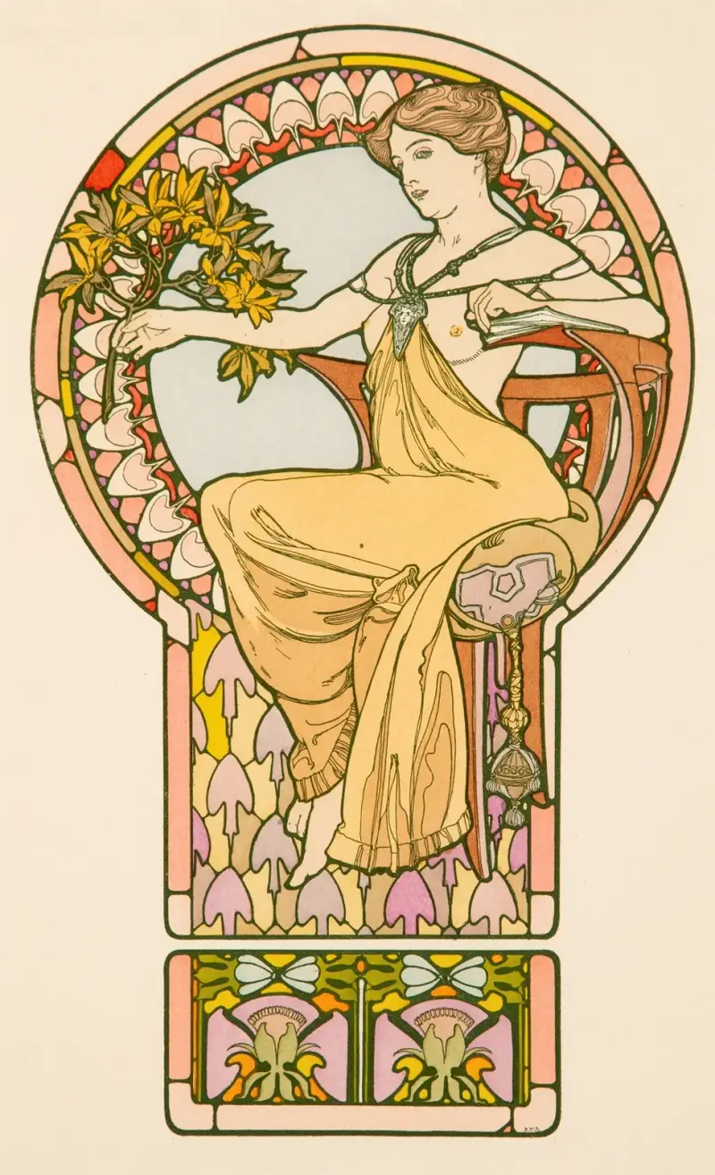 Seated Woman, plate no. 48 from Documents Décoratifs av Alphonse Mucha