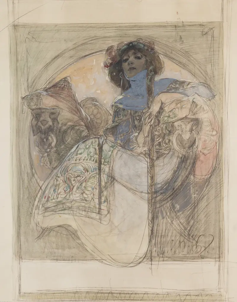 Sedící žena – studie k plakátu av Alphonse Mucha