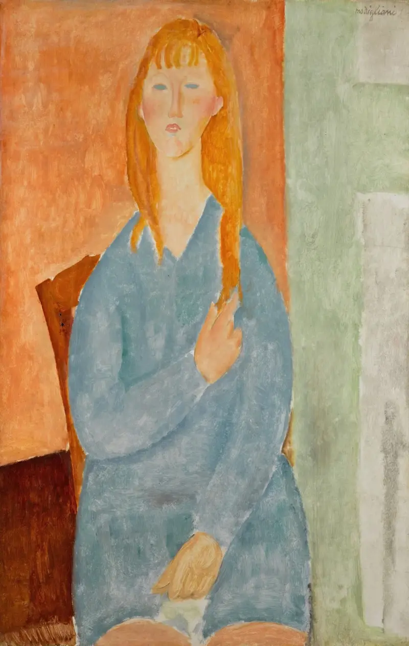 Sitzendes junges Mädchen mit aufgelöstem Haar (Mädchen in Blau) von Amedeo Modigliani