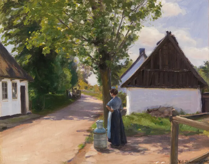 Dänische Dorfstraße mit Bäuerin und Milchmann av Hans Andersen Brendekilde