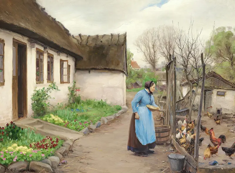 Frau, die Hühner vor einem weiß gekalkten Bauernhaus an einem Herbsttag füttert von Hans Andersen Brendekilde