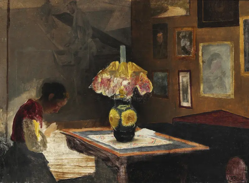 Kunstnerens hustru Sigrid syende ved lampelys. Karrebæksminde av Laurits Andersen Ring