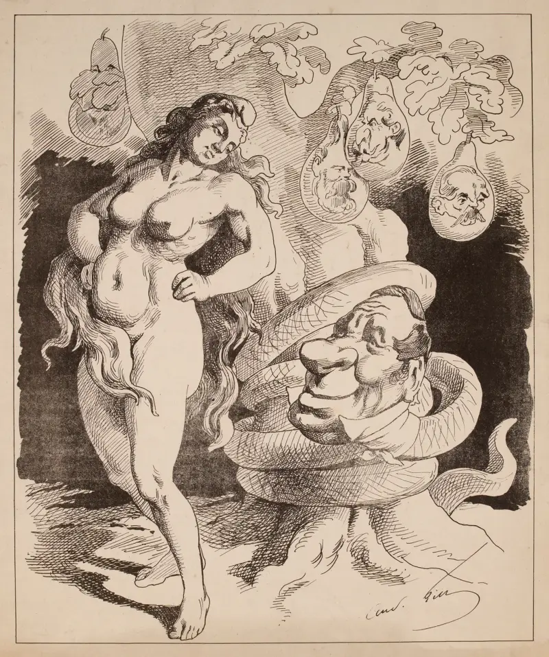 Allégorie de la République tentée par un homme serpent pour manger une des quatre poires de l’arbre av André Gill