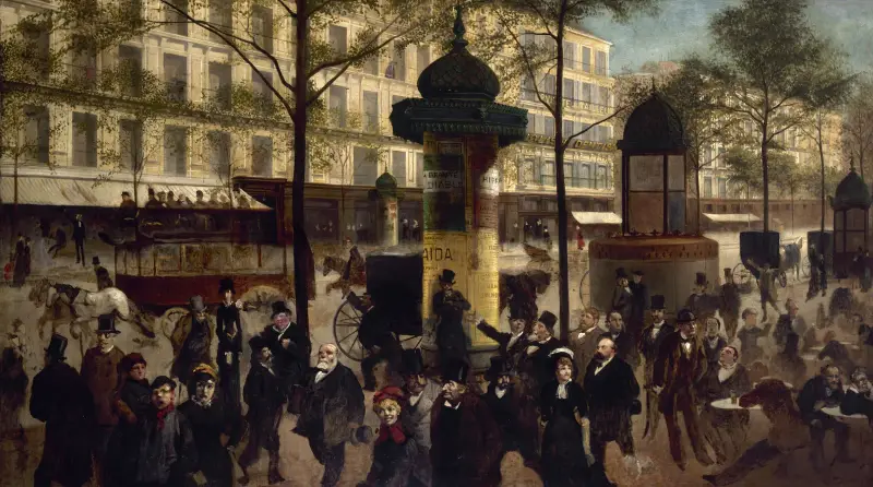 Skiss till ett panorama av Boulevard Montmartre med samtida parisiska personligheter av André Gill