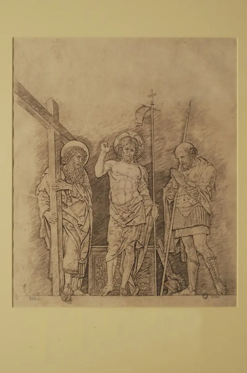 Den uppståndne Jesus, Sankt Andreas och Sankt Longinus av Andrea Mantegna