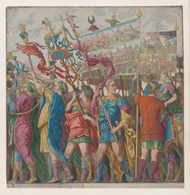 Soldiers carrying banners depicting Julius Caesar’s triumphant military exploits av Andrea Mantegna