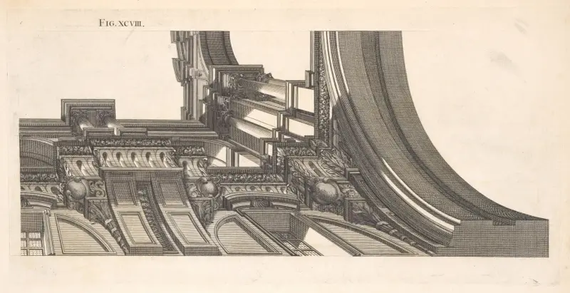 Fjärde delen av den arkitektoniska designen, målad på valvet i S. Ignatius kyrka; med dess ljus och skuggor. av Andrea Pozzo