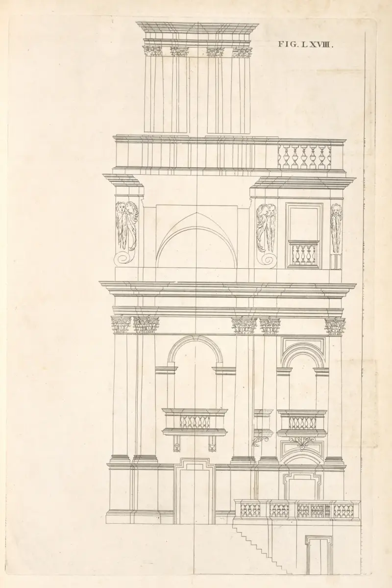 The geometrical elevation of the foregoing plan, and second preparation to the seventy-first figure. av Andrea Pozzo