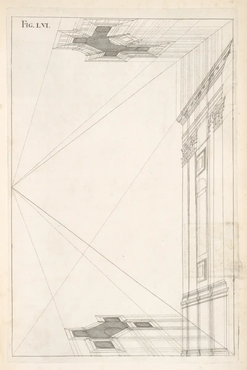 The perspective plans and upright of the Corinthian design foregoing. av Andrea Pozzo