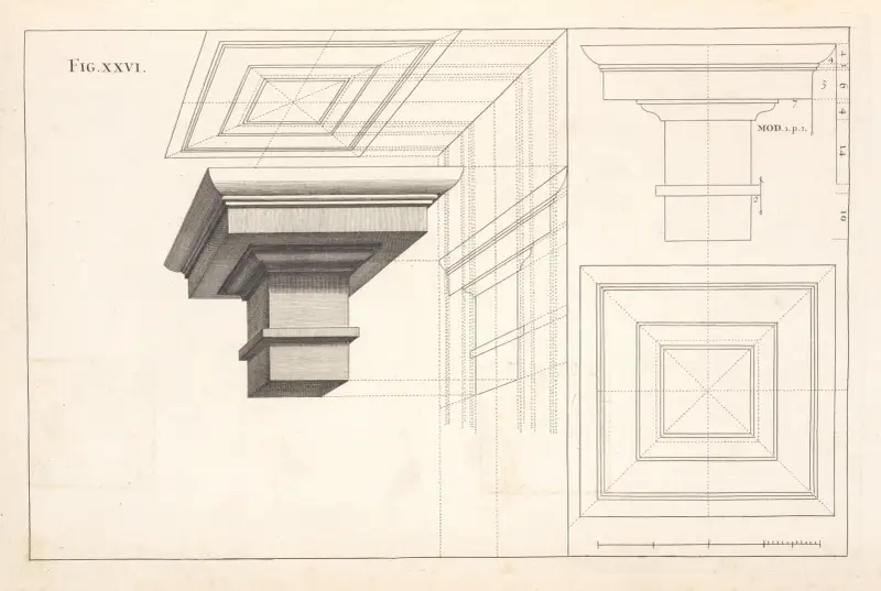 The Tuscan entablature in perspective av Andrea Pozzo