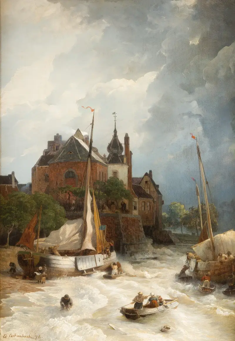 Strand vid en stad med gammalt torn och stadsmur av Andreas Achenbach
