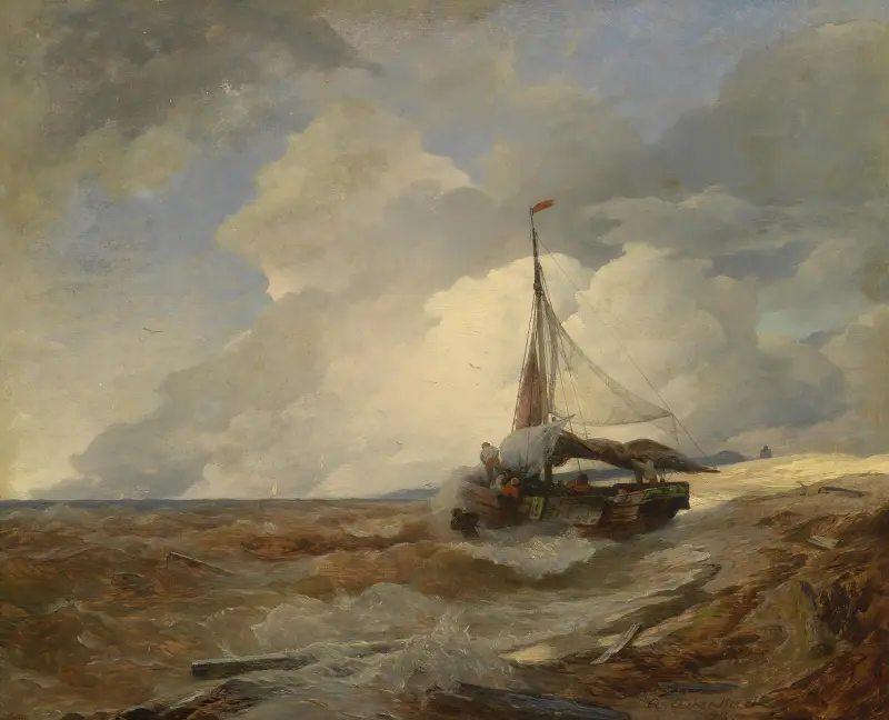 Fischerboot in Seenot von Andreas Achenbach