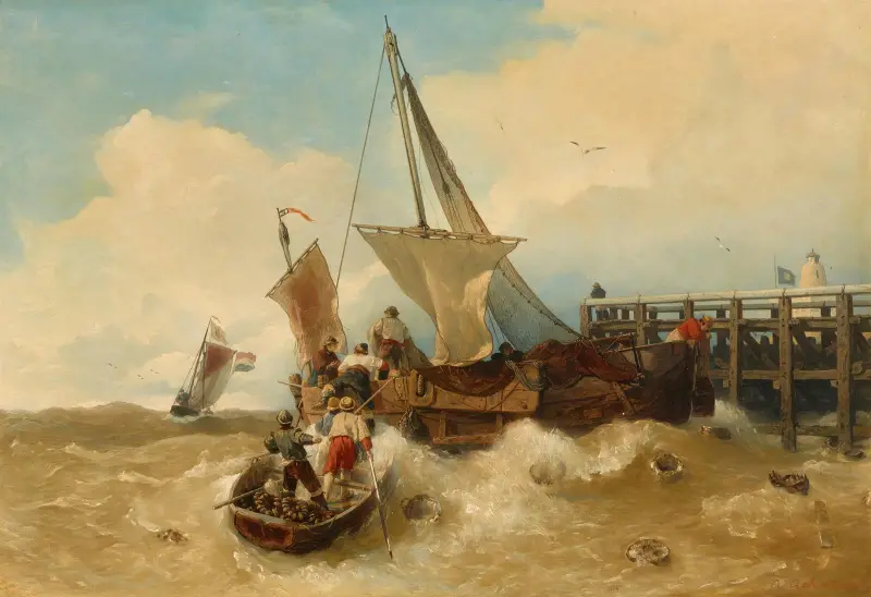 Fiskebåtar i stormig sjö av Andreas Achenbach