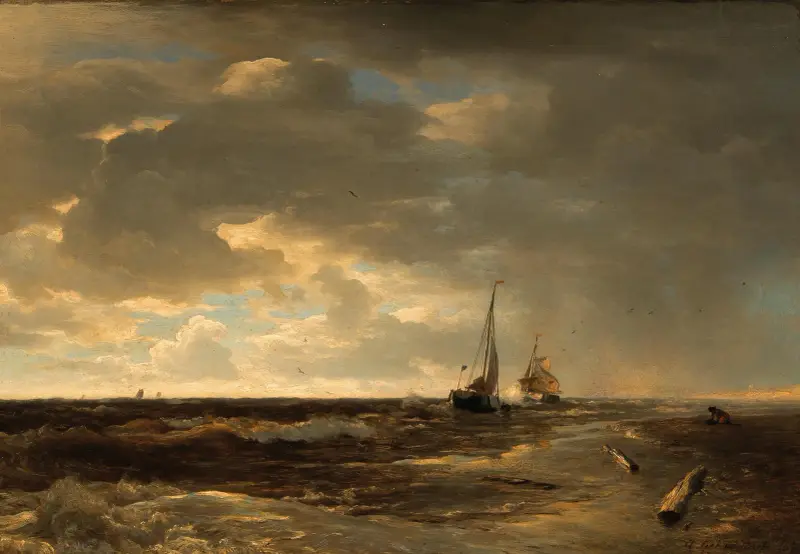 Fiskebåtar på oroligt hav av Andreas Achenbach