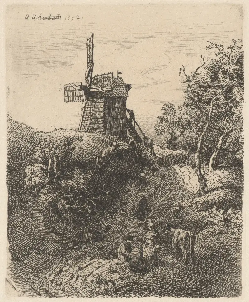 Pejzaż z wiatrakiem na wzgórzu, Andreas Achenbach